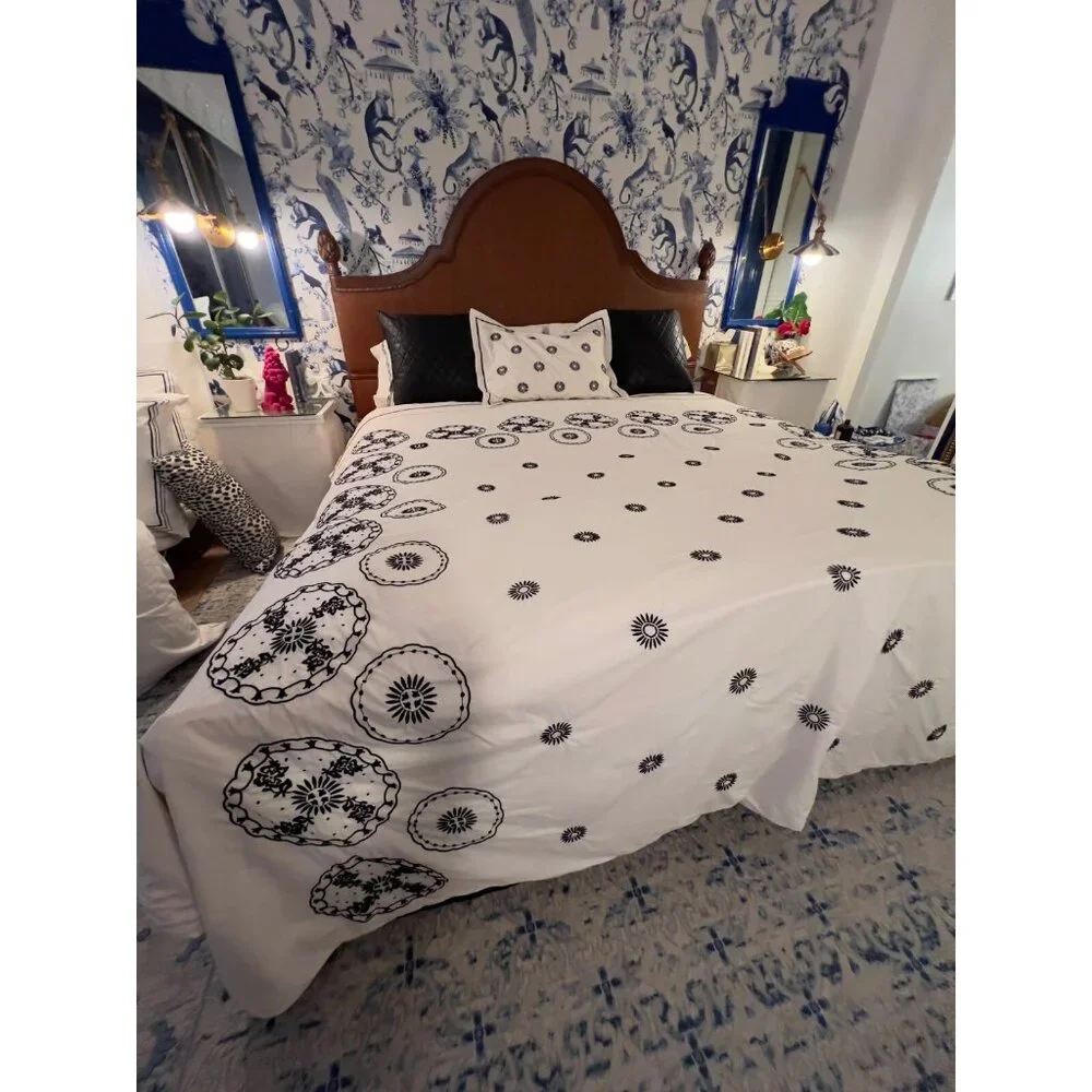 MARTHA STEWART King Size Duvet + 1 Sham Embroidered 100% Egyptian Cotton Black